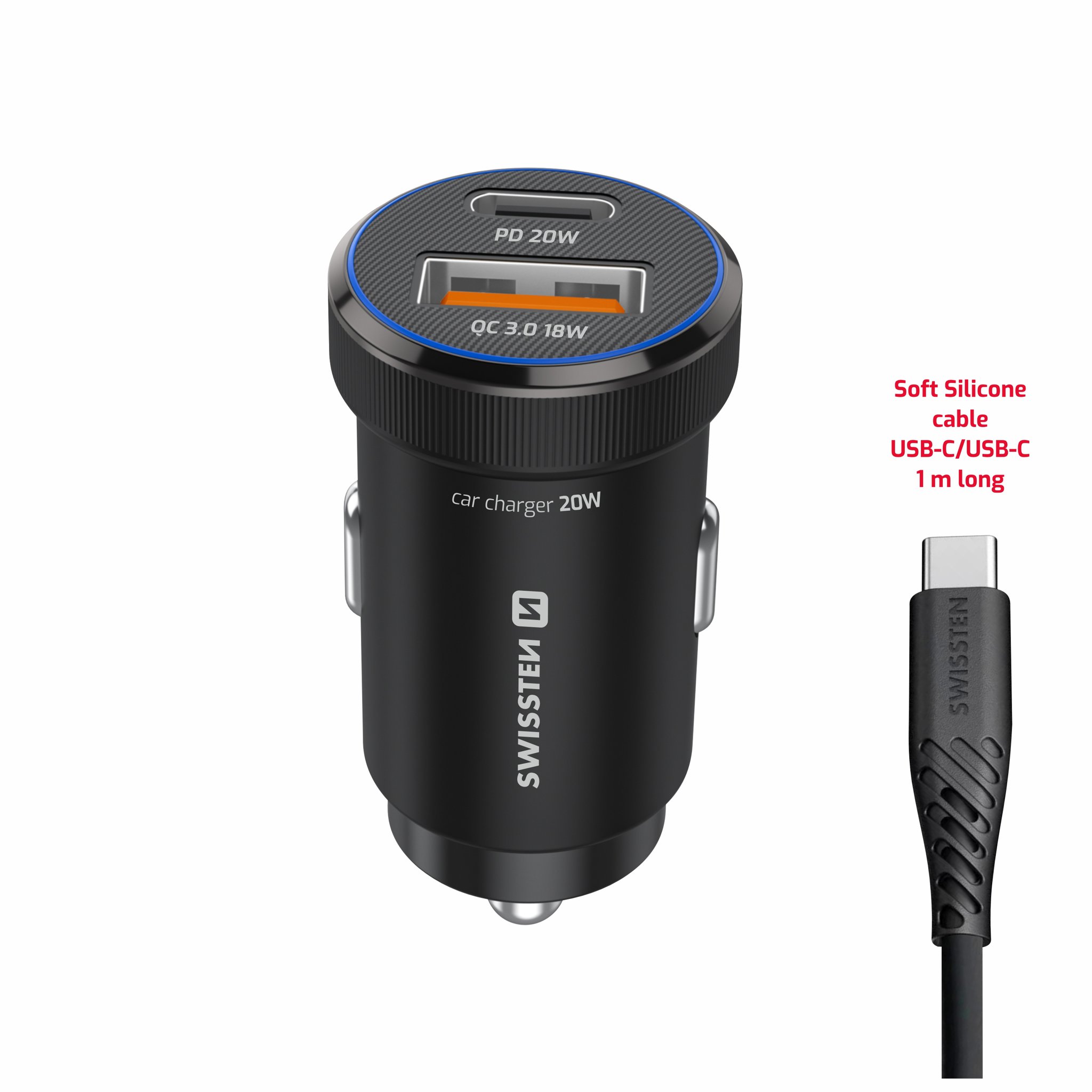 Swissten CL Adaptér USB-C PD + USB-A 20 W černý + kabel USB-C/USB-C 1 m