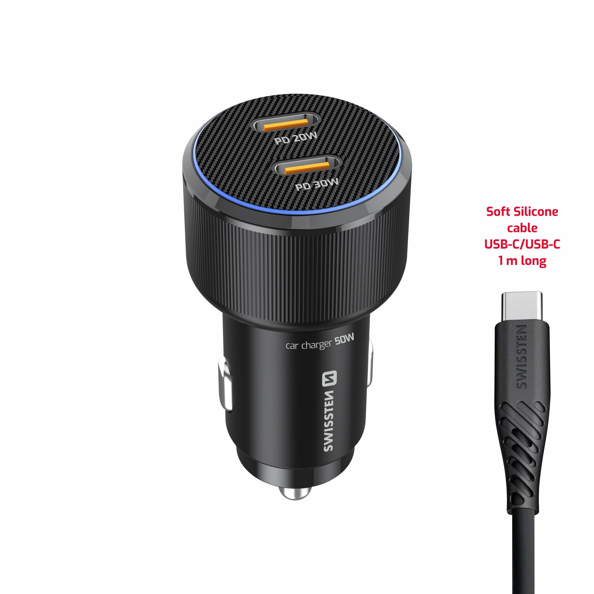 Swissten CL Adaptér 2x USB-C PD 50W černý + kabel USB-C/USB-C 1 m