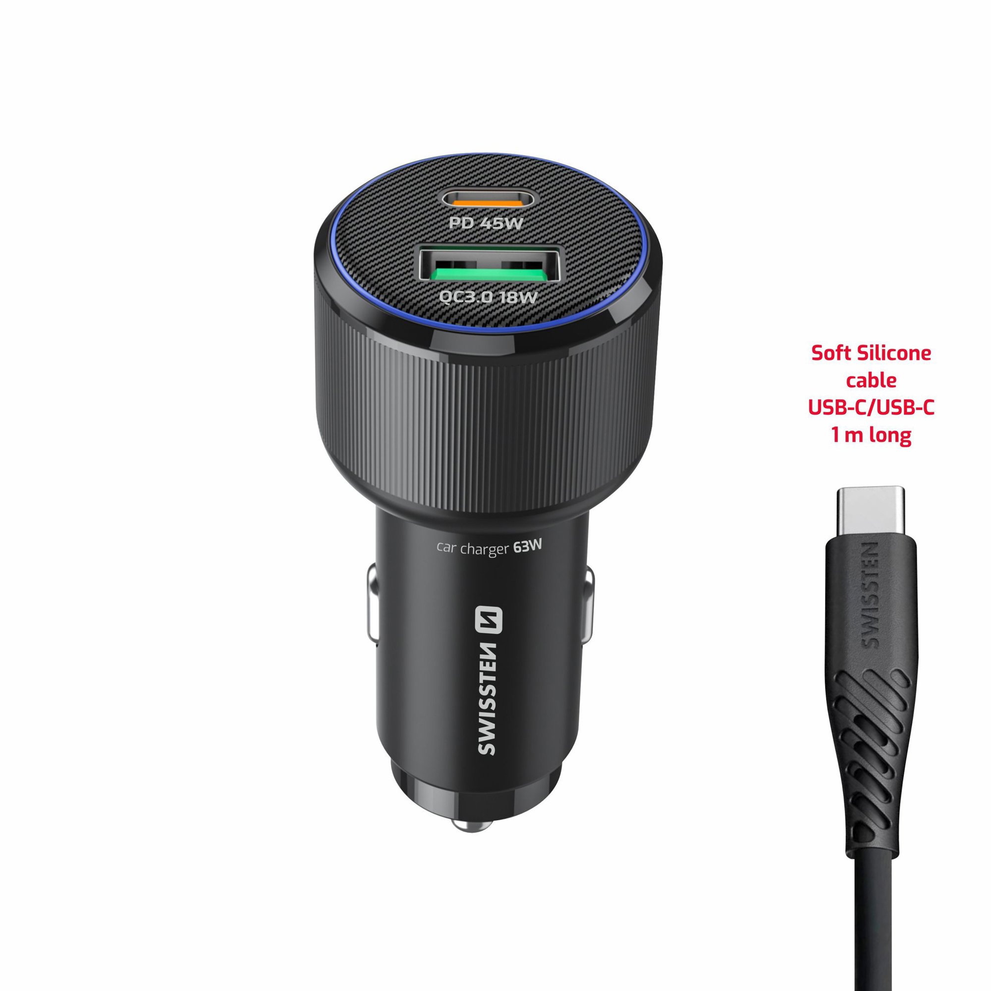 Swissten CL Adaptér USB-C PD + USB-A 63 W černý + kabel USB-C/USB-C 1 m