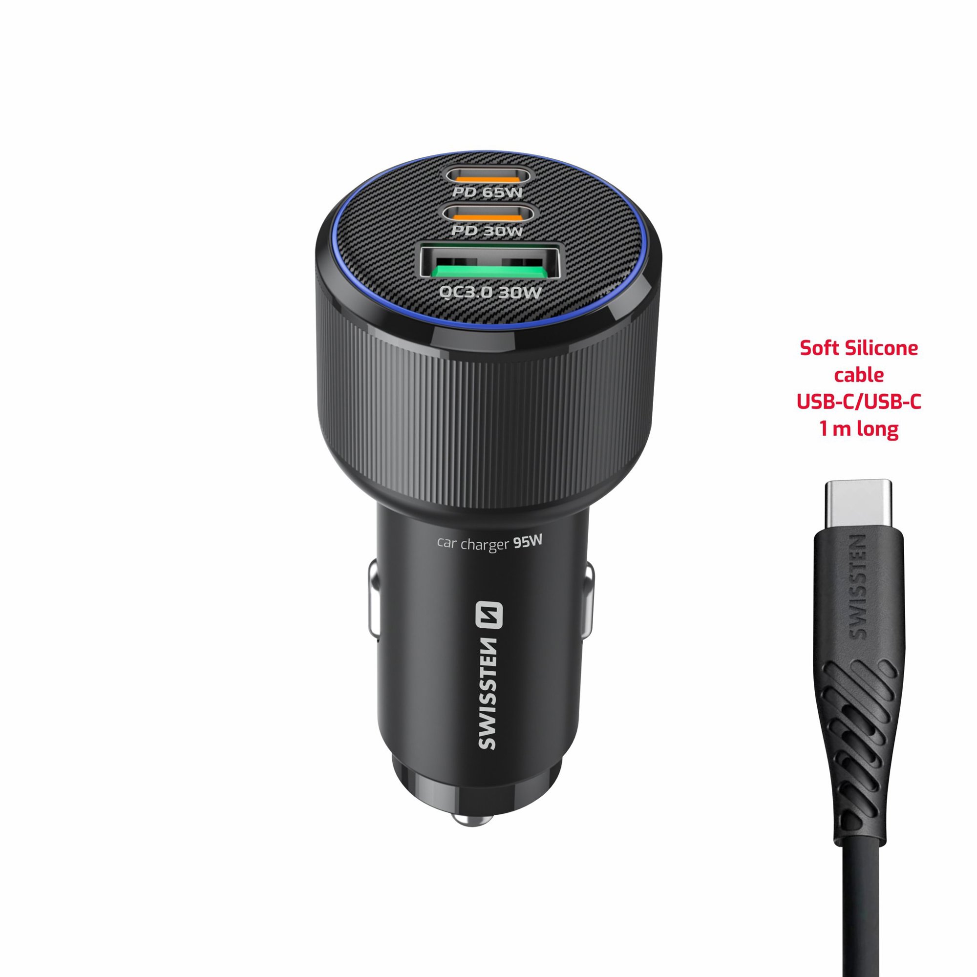 Swissten CL Adaptér 2x USB-C PD + USB-A 95 W černý + kabel USB-C/USB-C 1 m