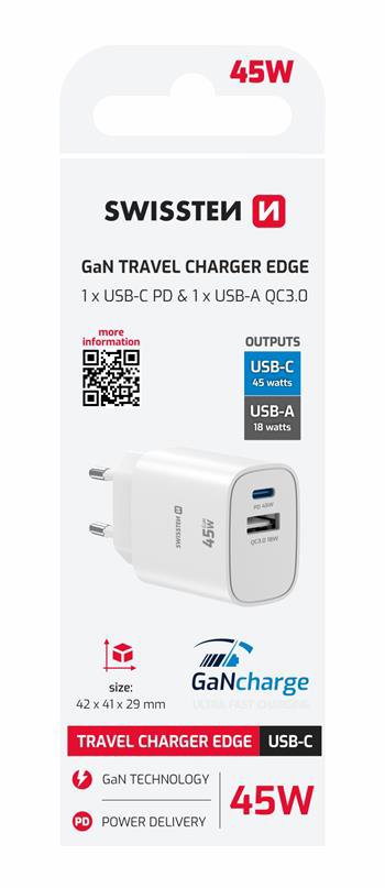Swissten Edge GaN 1x USB-C PD 45W + 1x USB-A 18W QC Bílý