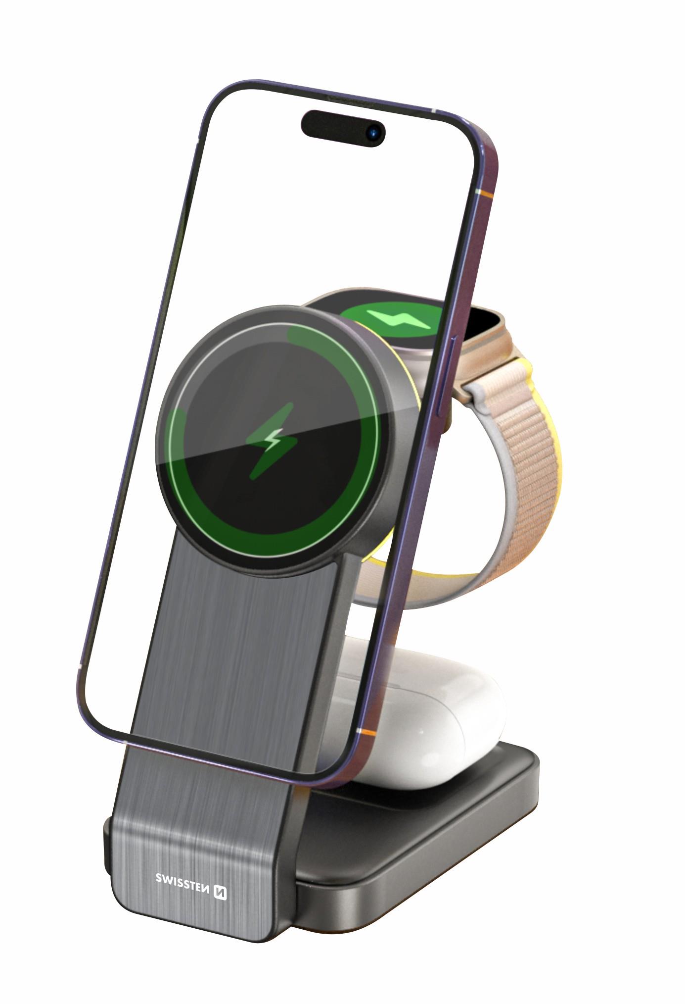 Swissten skládací MagStick wireless nabíječka 3v1 25 W černá