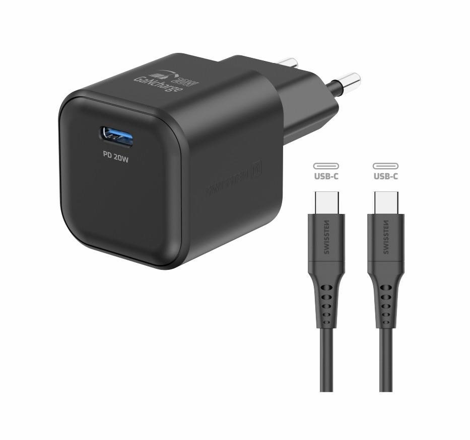Swissten síťový adaptér GaN 1x USB-C 20W Power Delivery + datový kabel USB-C/USB-C 1.2m černý