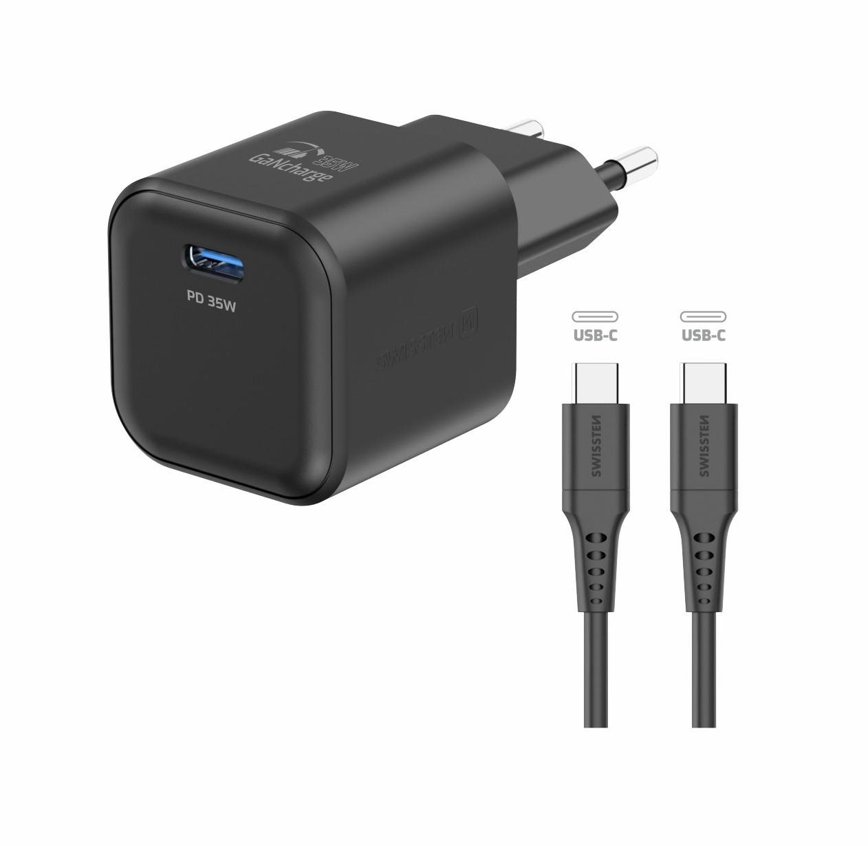 Swissten síťový adaptér GaN 1x USB-C 35W Power Delivery + datový kabel USB-C/USB-C 1.2m černý