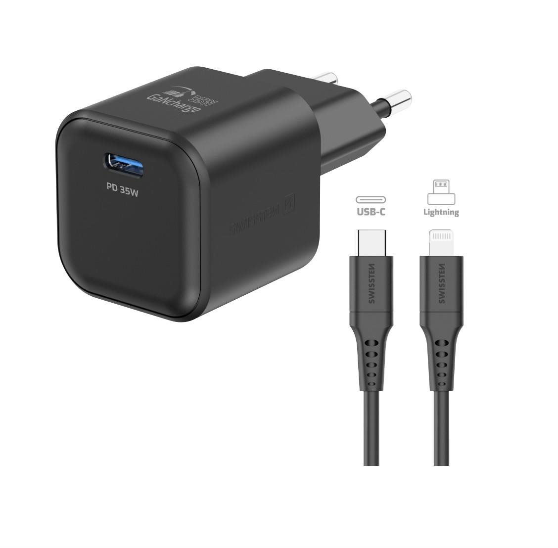 Swissten síťový adaptér GaN 1x USB-C 35W Power Delivery + datový kabel USB-C/Lightning 1.2m černý