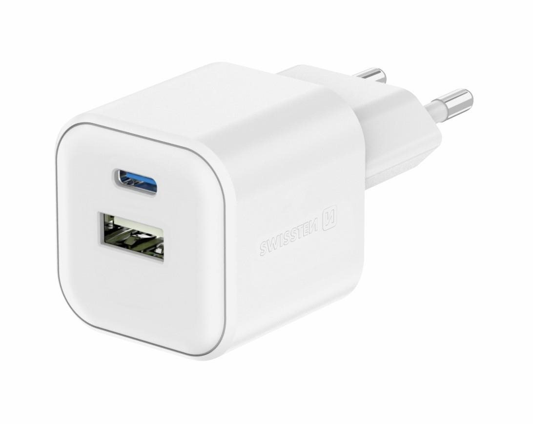 Swissten síťový adaptér GaN 1x USB-C 20W PD + 1x USB-A 18W QC bílý