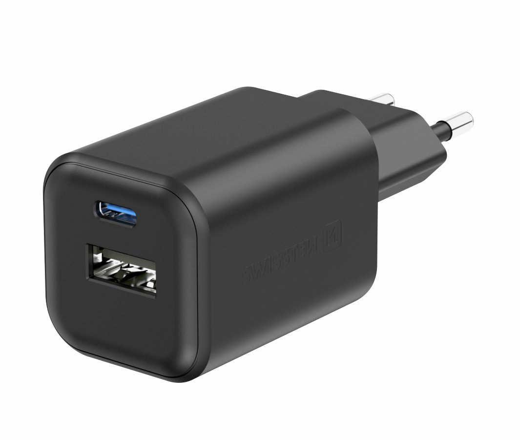 Swissten síťový adaptér GaN 1x USB-C 45W PD + 1x USB-A 18W QC černý