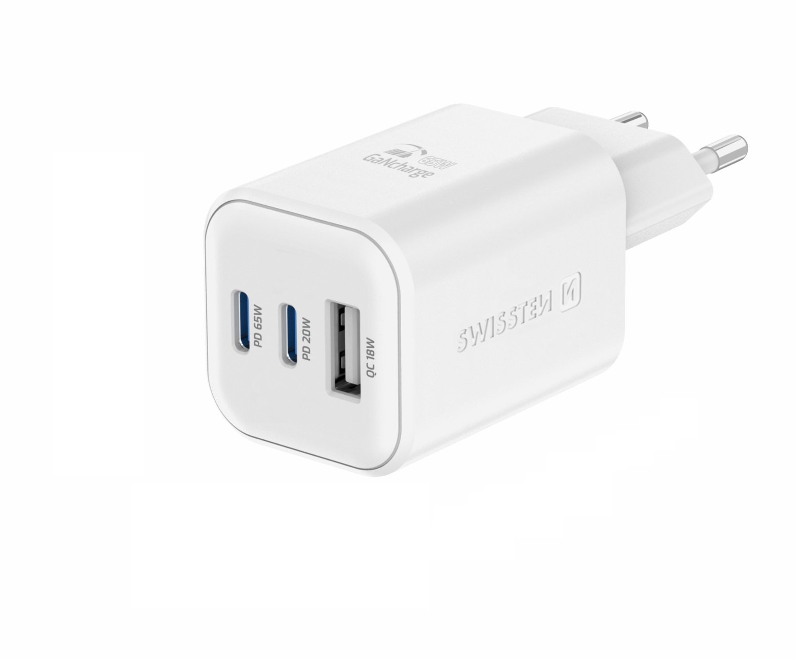 Swissten síťový adaptér GaN 2x USB-C 65W PD + 1x USB-A 18W QC bílý