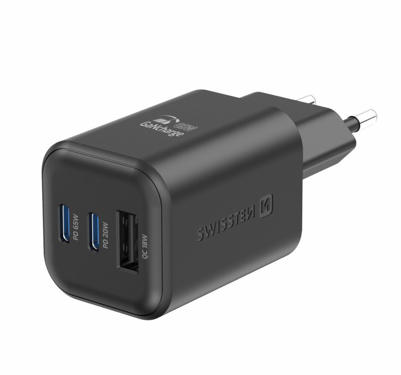 Swissten síťový adaptér GaN 2x USB-C 65W PD + 1x USB-A 18W QC černý