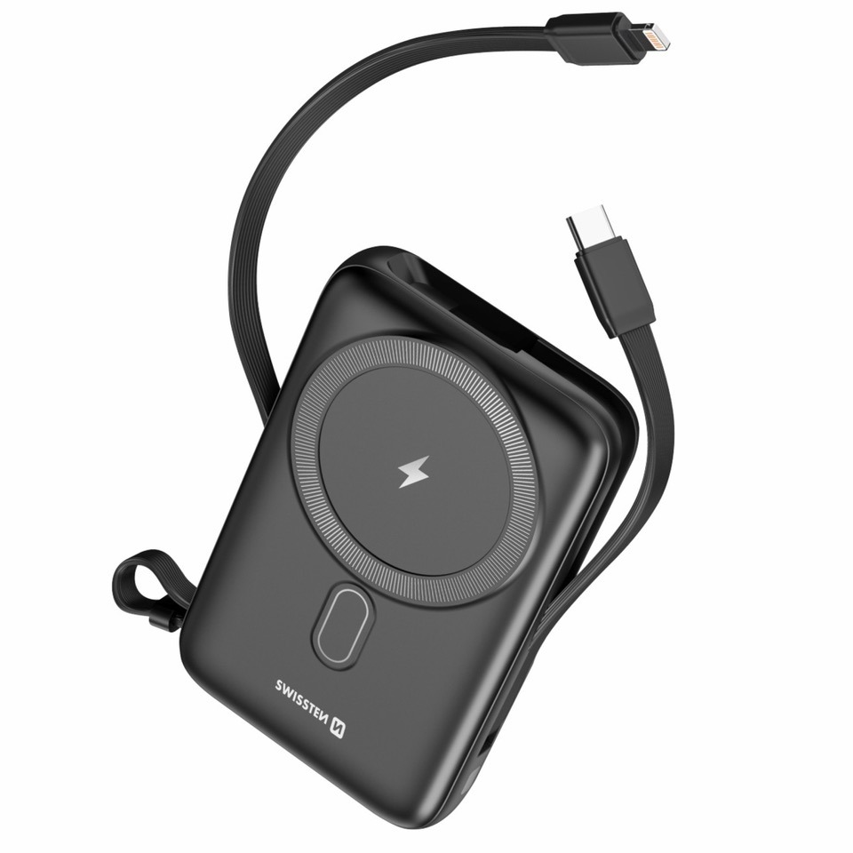 Swissten Power Banka 10000 mAh PD 20W s integrovanými kabely USB-C a Lightning, MagSafe