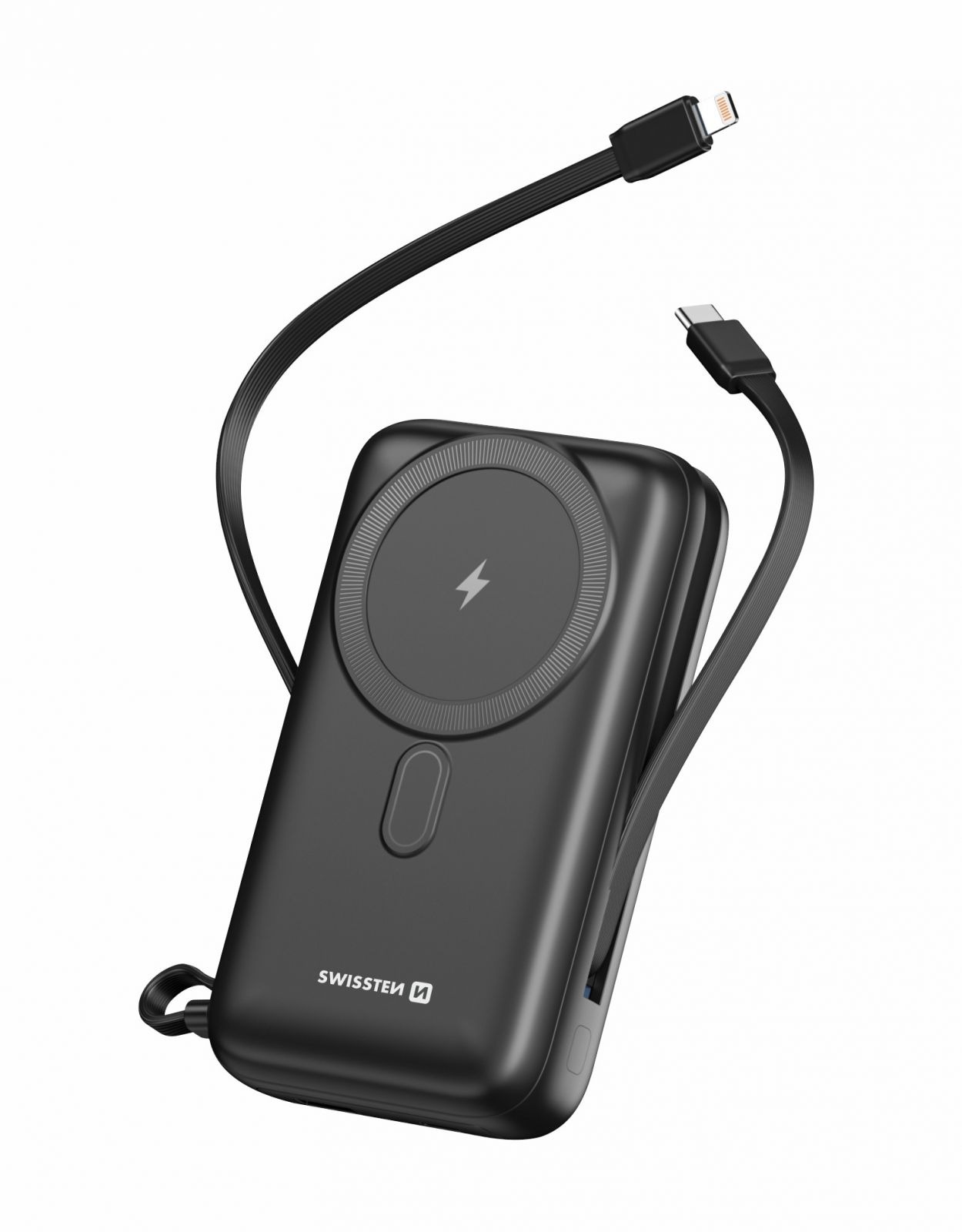 Swissten Power Banka 20000 mAh PD 20W s integrovanými kabely USB-C a Lightning, MagSafe