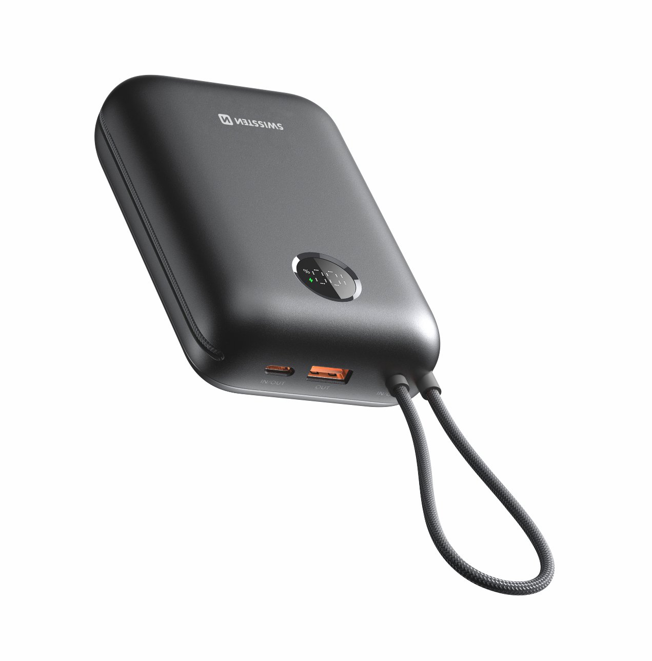 Swissten Voltbox 35W 30000 mAh s integrovanými kabely USB-C a Lightning černá
