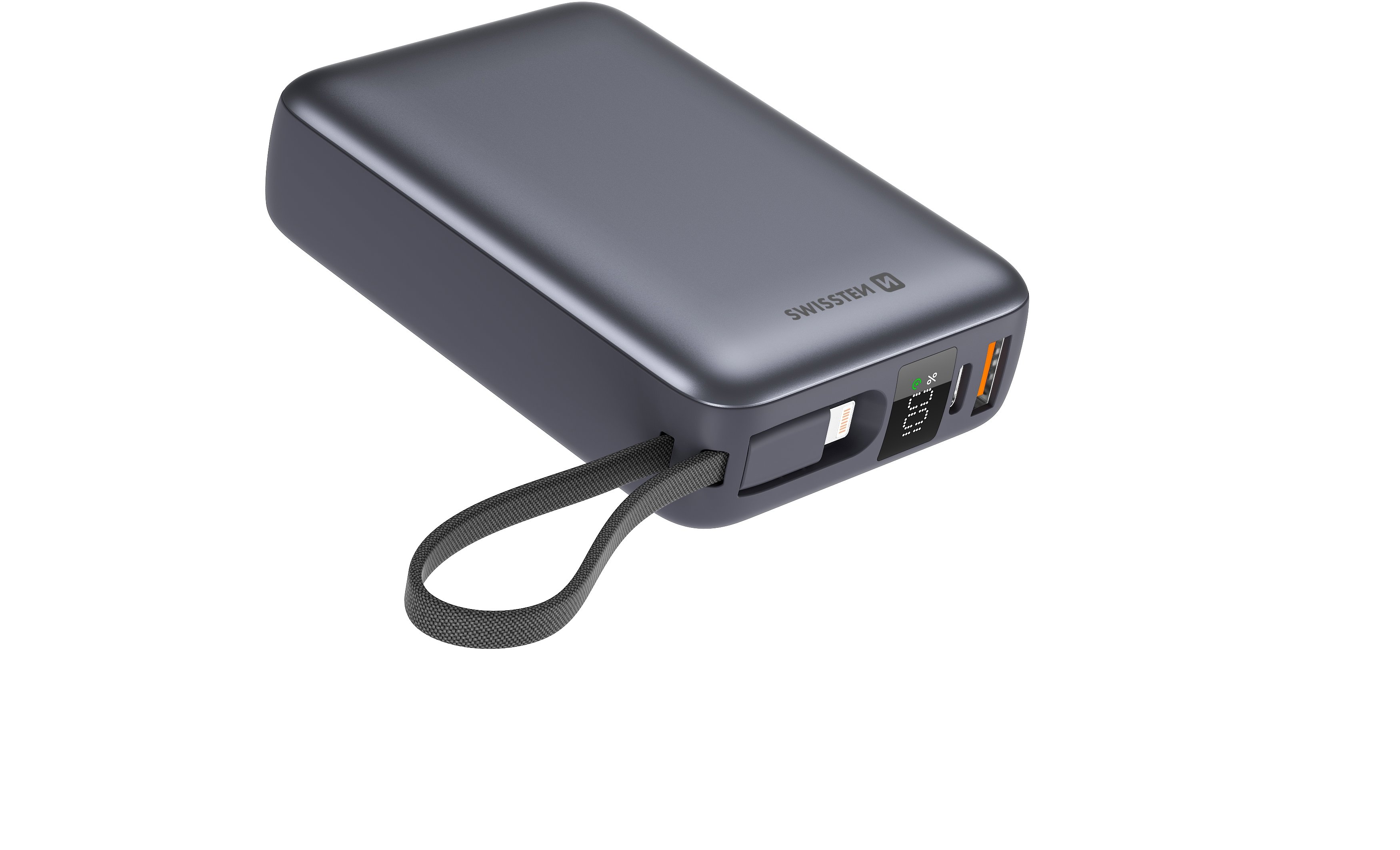Swissten 20000 mAh s integrovanými kabely USB-C a Lightning vesmírně stříbrná