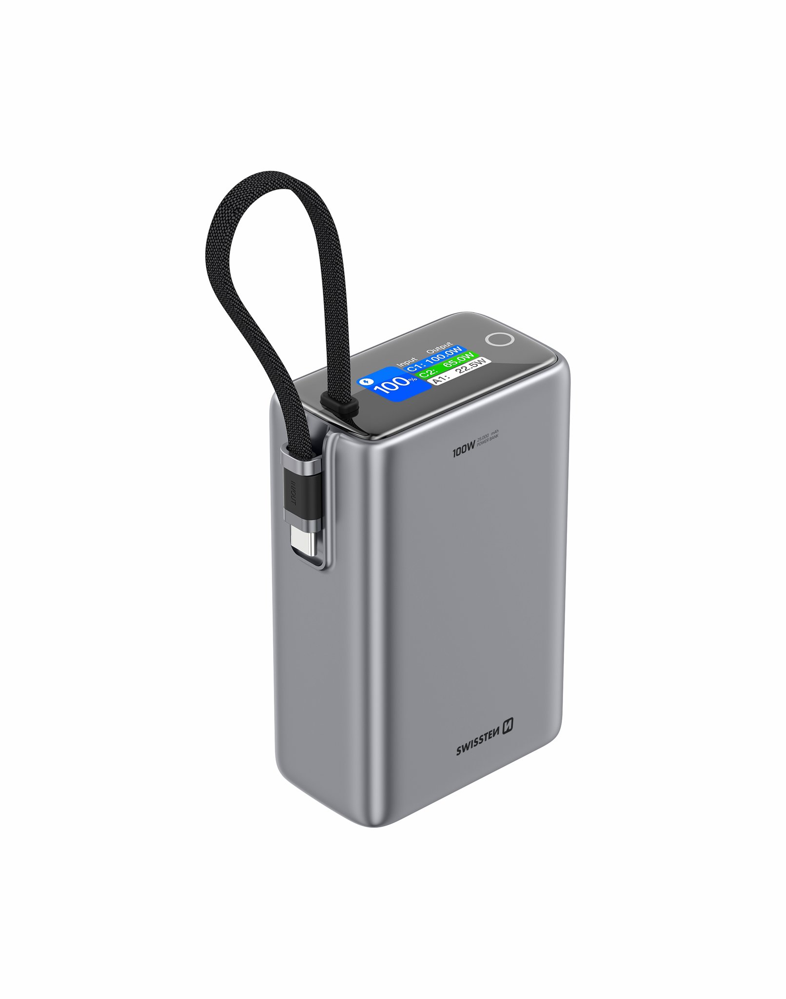 Swissten 25000 mAh cestovní s integrovaným kabelem šedá