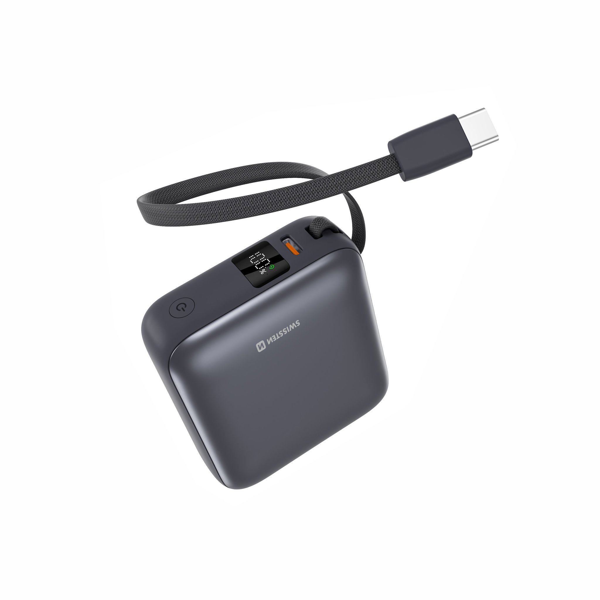 Swissten Power Bank Space 10.000mAh, 35W s integrovaným kabelem USB-C Stříbrná