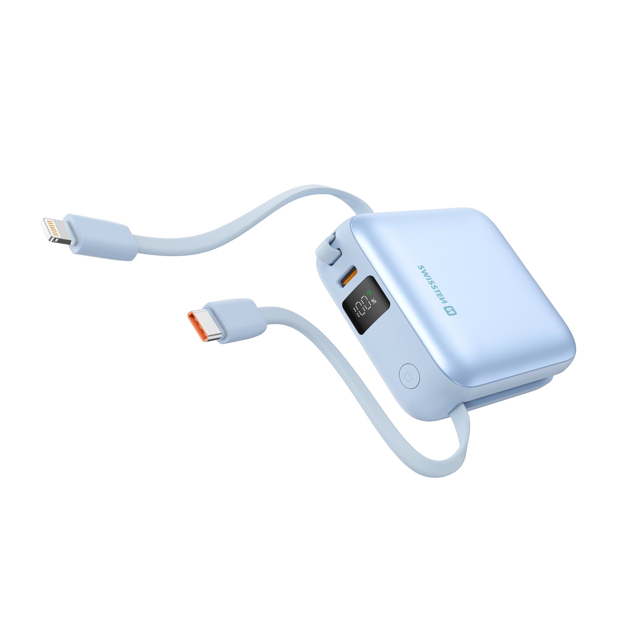 Swissten Power Bank Space 10.000mAh s integrovanými kabely USB-C a Lightning Modrá
