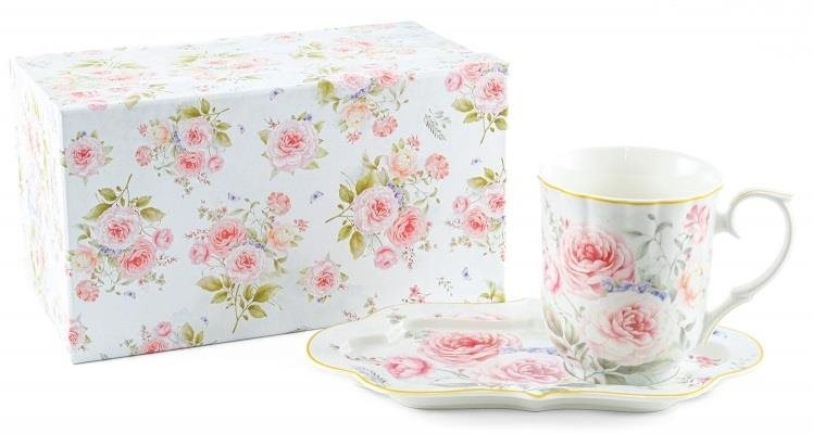Home Elements Porcelánový hrnek 360 ml s podtáckem, Růže