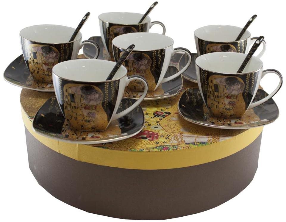 Home Elements Sada 6 ks - šálky 250 ml s podšálky a lžičkami, Klimt, Polibek tmavý