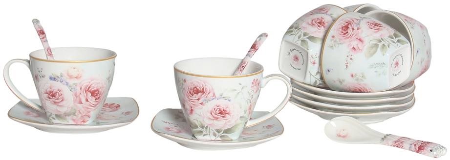 Home Elements Sada 6 kusů šálků 250 ml s podšálky a lžičkami, Růže
