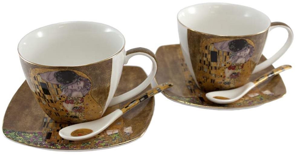 Home Elements Sada dvou šálků 250 ml, s podšálky a lžičkami, Klimt, Polibek zlatý