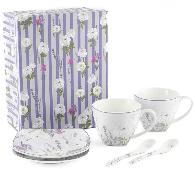 Home Elements Sada dvou šálků 250 ml, s podšálky a lžičkami, Levandule