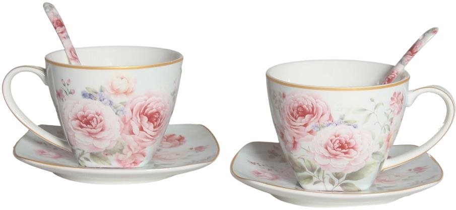 Home Elements Sada dvou šálků 250 ml, s podšálky a lžičkami, Růže