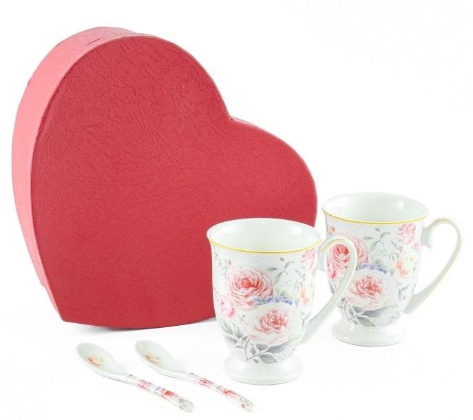 Home Elements Sada dvou šálků 280 ml se lžičkami, dekor růže