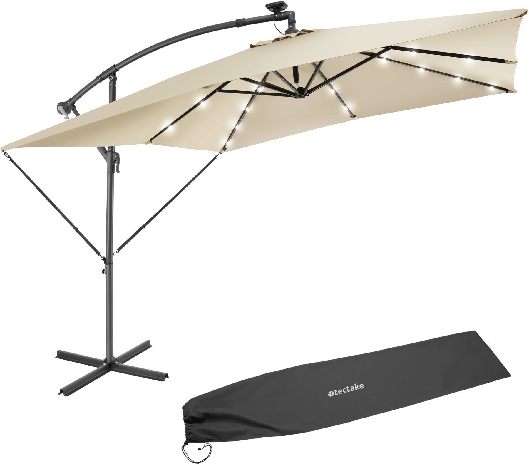 TecTake Slunečník Sunna s LED osvětlením a klikou 2,5 × 2,5 m béžový