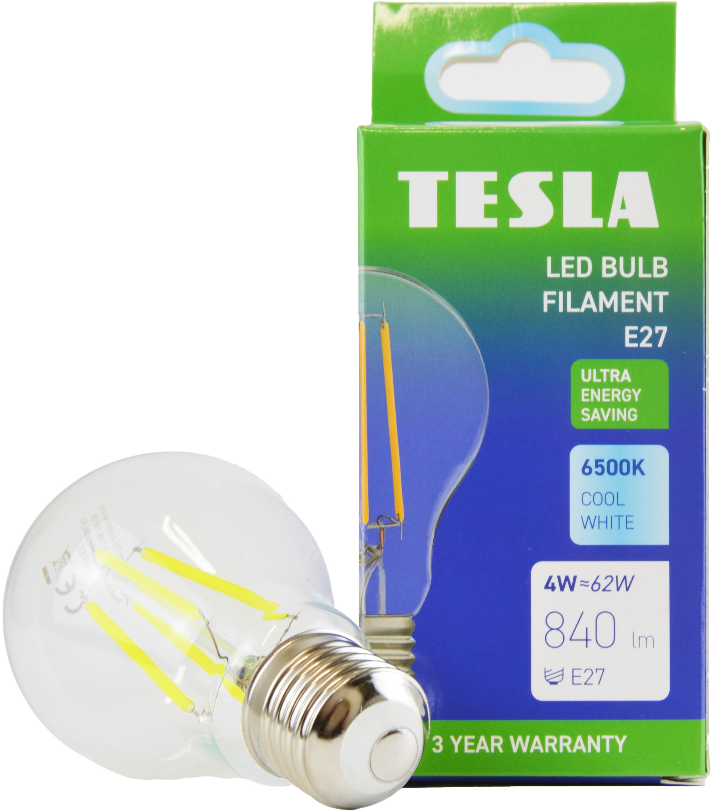 Tesla Filament A class, E27, 4W, 840lm, 6500K studená bílá, 360st, čirá, 230V, 25 000h