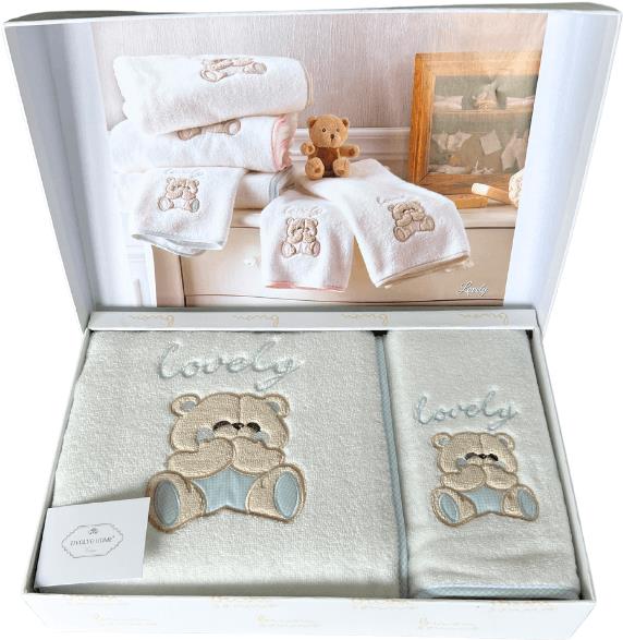 Tivolyo Home - Dětská dárková sada ručník a osuška LOVELY, 2 ks, bílá-modrá výšivka