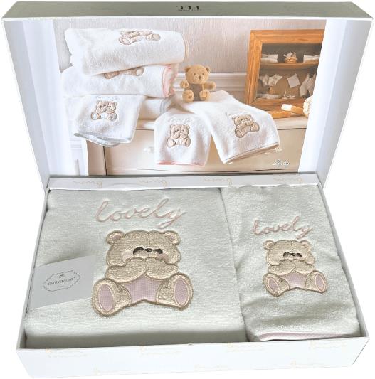 Tivolyo Home - Dětská dárková sada ručník a osuška LOVELY, 2 ks, bílá-růžová výšivka