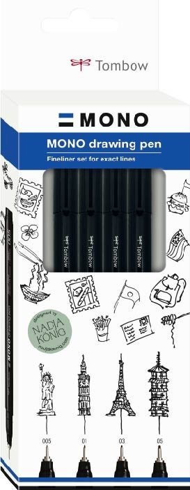 Tombow Fineliner MONO drawing pen sada Bold, 4 ks