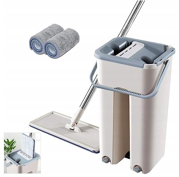 TopKing Plochý mop s kyblíkem a dvoukomorovým ždímačem + 2 mikrovláknové vložky - extrémně lehký