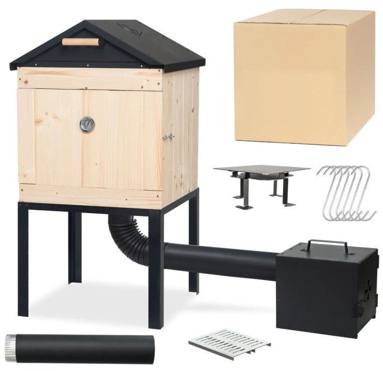TOPKING Zahradní dřevěná udírna 120 cm s XL topeništěm a plechovou střechou - Grill&Smokehouse