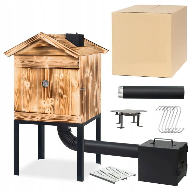 TOPKING Zahradní dřevěná udírna 120 cm opálená s XL topeništěm a kovovým komínem - Grill&Smokehouse