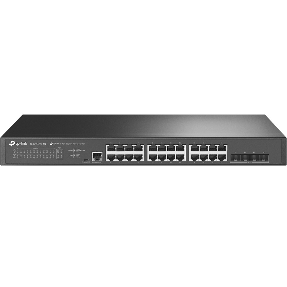 Switch TP-Link TL-SG3428X-M2 s 24 gigabitovými porty a 4 SFP+ porty.