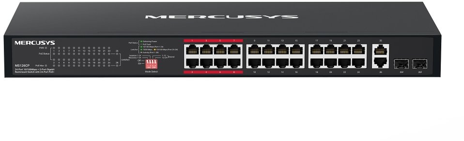 Mercusys MS126CP, 24x FE PoE+ 2xGb rack switch