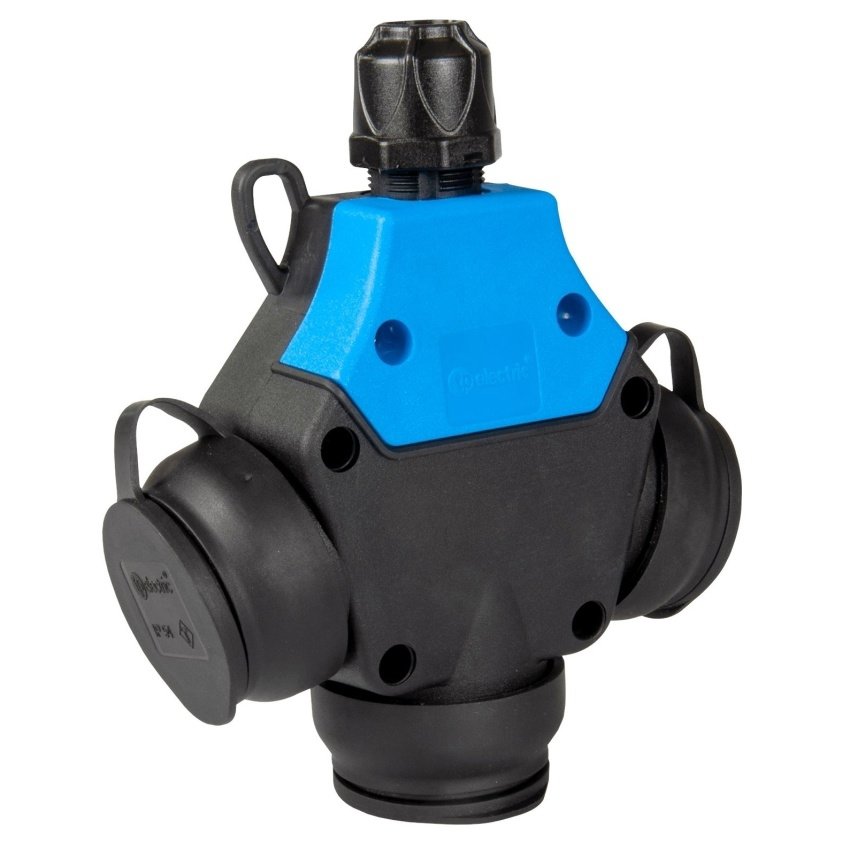 TP electric 1 × 16 A / IP54 - Roztrojka pryžová, třífázová, francouzské zásuvky 250 V, modrá