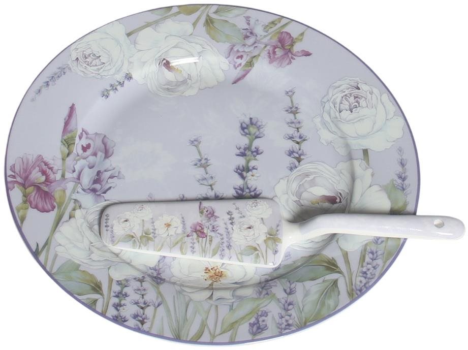 Home Elements Porcelánový kulatý talíř se lžící na dort, Levandule