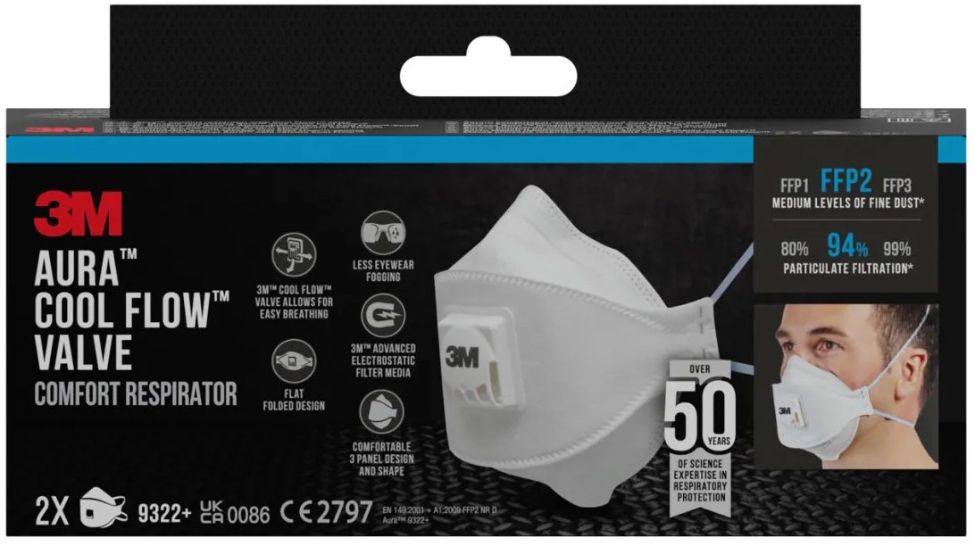 3M Aura Respirátor proti částicím 9322-2, s ventilem FFP2, 2 kusy