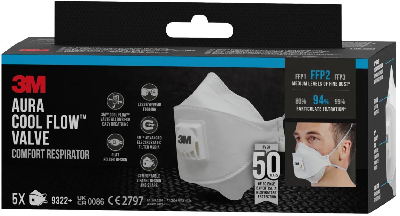 3M Aura Respirátor proti částicím 9322-5, s ventilem FFP2, 5 kusů