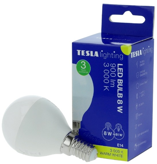 TESLA LED žárovka miniglobe BULB E14, 8W, teplá bílá