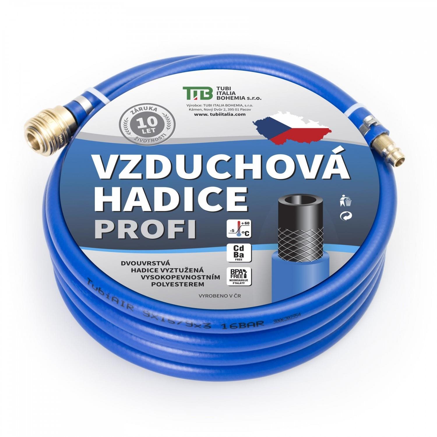 TUBI Vzduchová hadice modrá s koncovkami 9x15 mm, 15 m