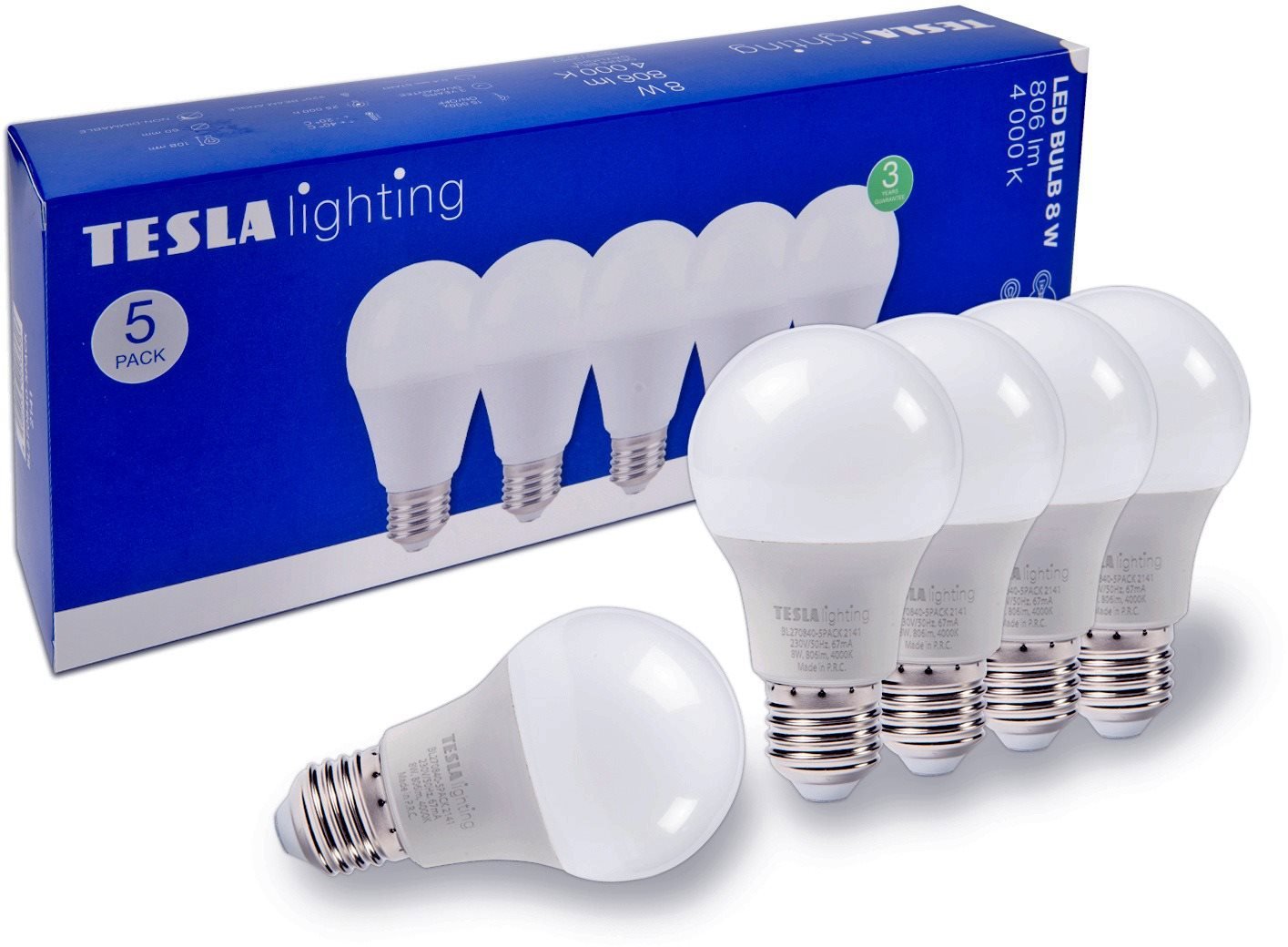 Tesla - LED žárovka BULB E27, 8,5W, 230V, 806lm, 25 000h, 4000K denní bílá, 220st 5ks v balení