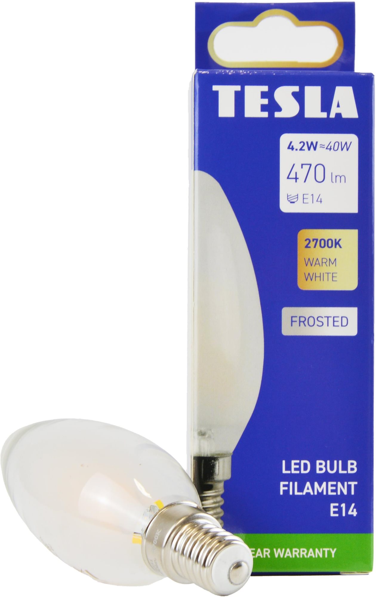 Tesla - LED žárovka FILAMENT RETRO svíčka E14, 4.2W, 230V, 470lm, 25 000h, 2700K teplá, 360st,mléčná