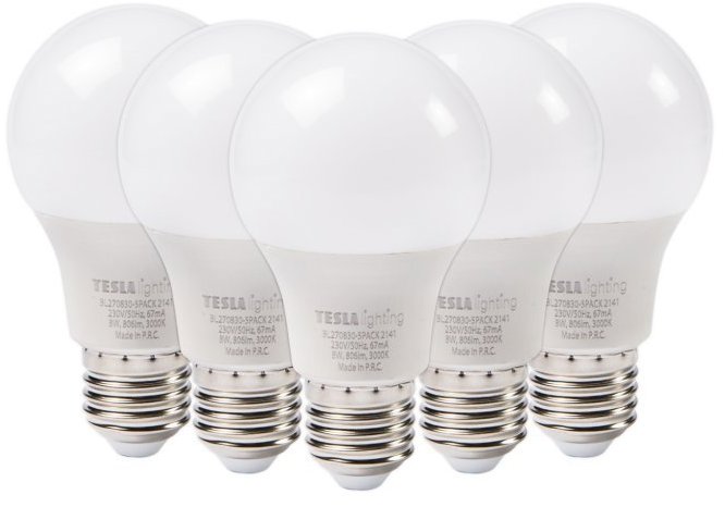 Tesla BULB E27, 9W, 230V, 1055lm, 25 000h, 3000K teplá bílá, 220st - balení 5ks