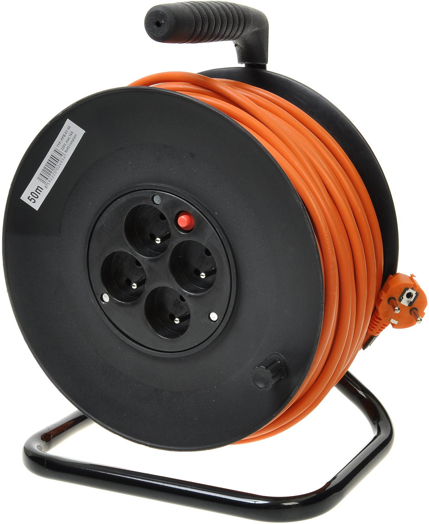 PremiumCord prodlužovací kabel 230V 50m buben, 4x zásuvka, oranžový