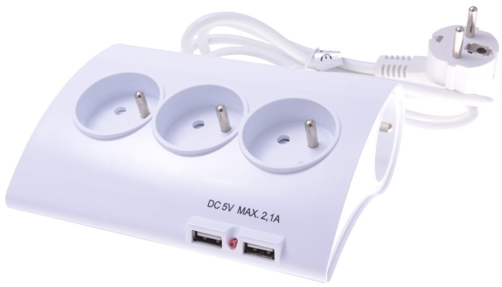 PremiumCord Prodlužovací přívod 230V 5 zásuvek + vypínač + 2x USB 2A 1.5m