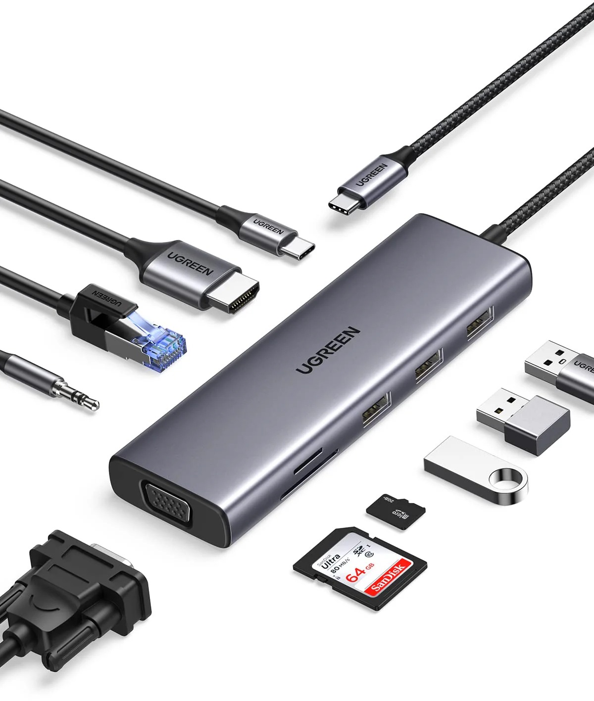 UGREEN 10-in-1 USB-C to HDMI/3*USB 3.0/VGA/RJ45/SD/TF/3.5mm/PD100W
