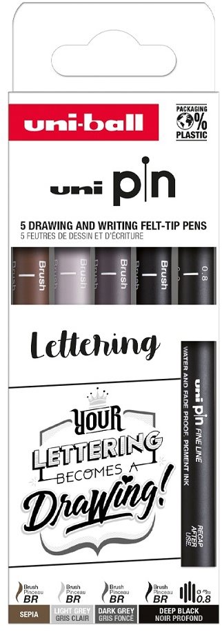 UNI PIN Creative Writting Lettering (0.8 mm / BR) - sada 5 ks